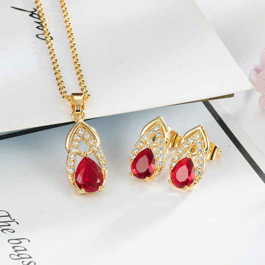 Fashion Red Water Drop Zircon Fine Jewelry Sets Bridal for Women 18k Gold Plated Jewelry Set Necklace and Earring Sets.